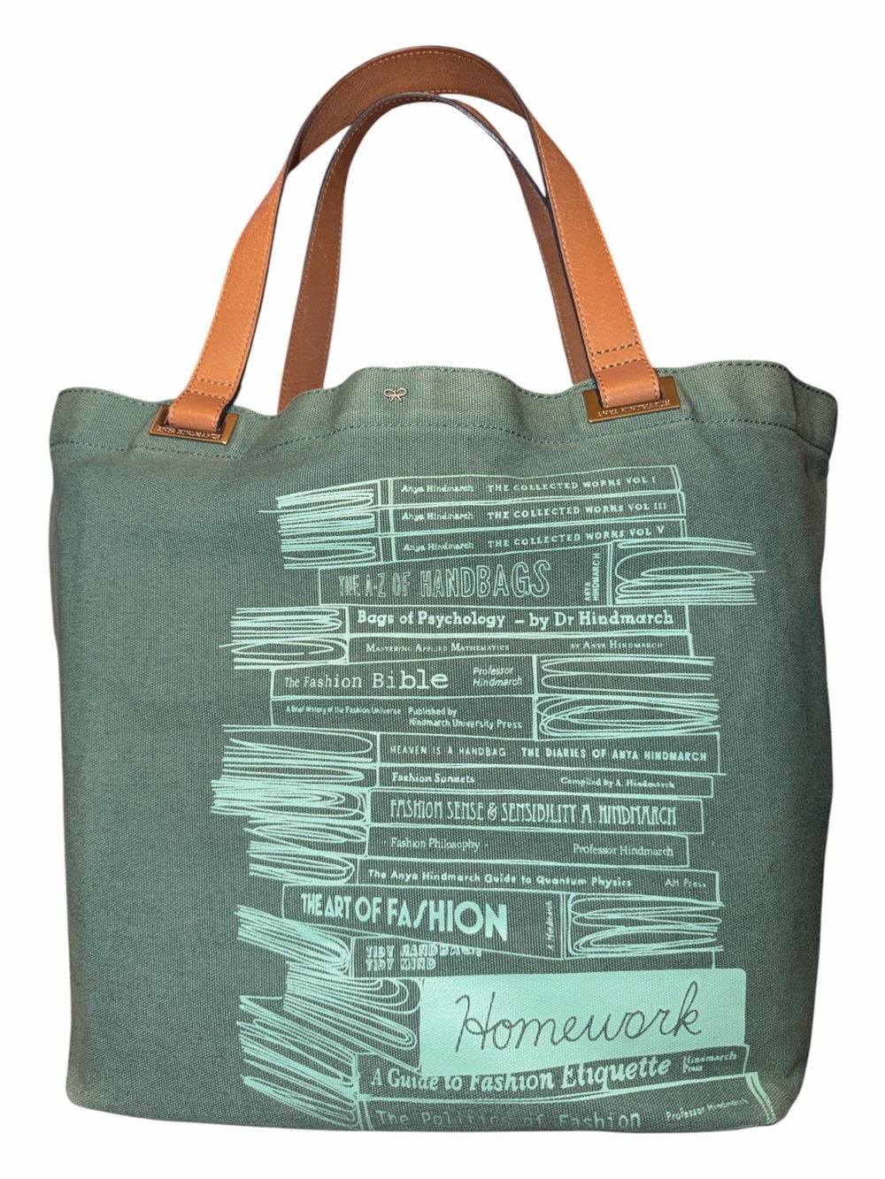 Anya Hindmarch Green Canvas Homework Book Stack Leather-Trimmed Tote Bag